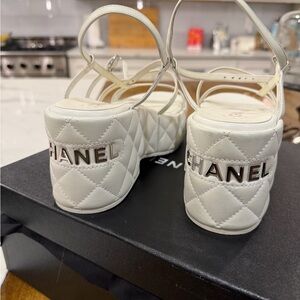 CHANEL White Quilted Heeled Sandals